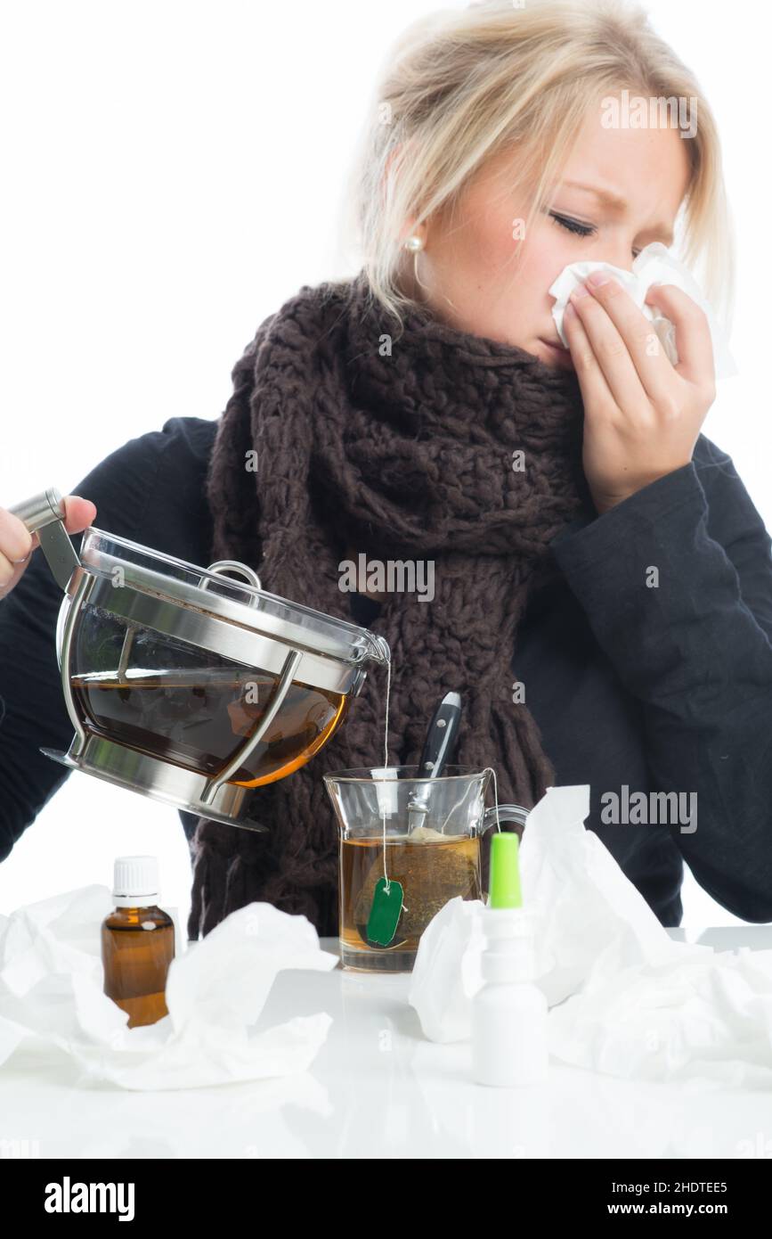 cold virus, flu, tea, sniffing, influenza, teas Stock Photo Alamy