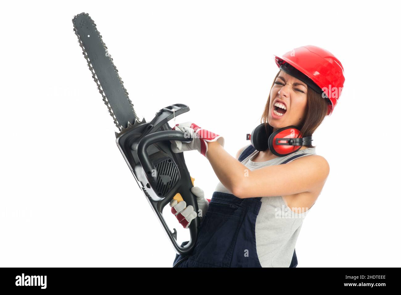 Young girl holding chainsaw hires stock photography and images Alamy