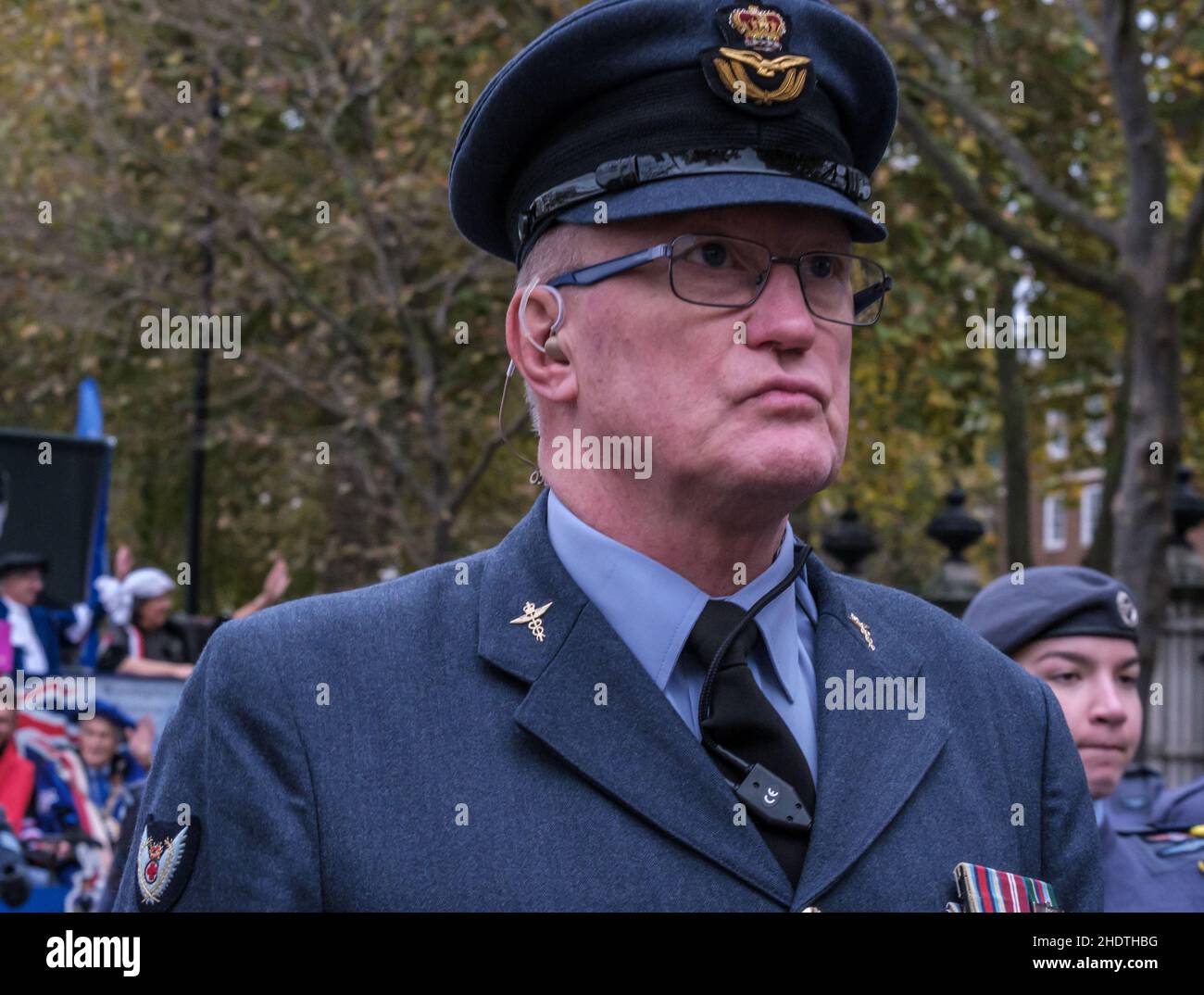 Close up of a Royal Air Force medical officer marching with the London & South East Region Air Cadets in the Lord Mayor’s Show 2021, London, England. Stock Photo