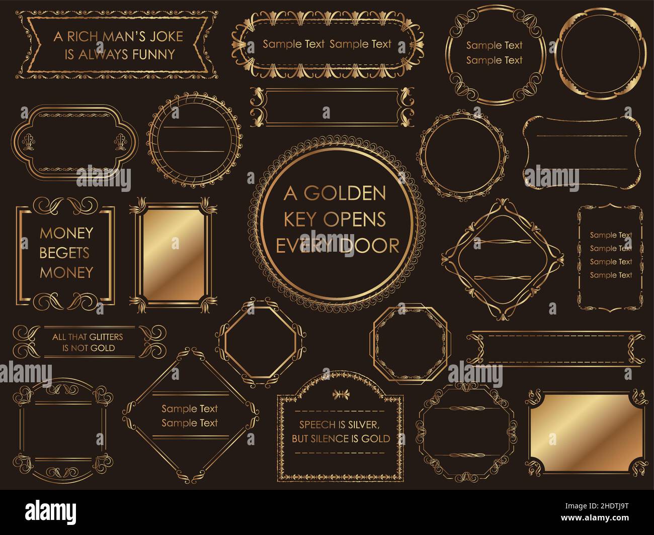 Set of gold vintage frames and borders isolated on a black background ...