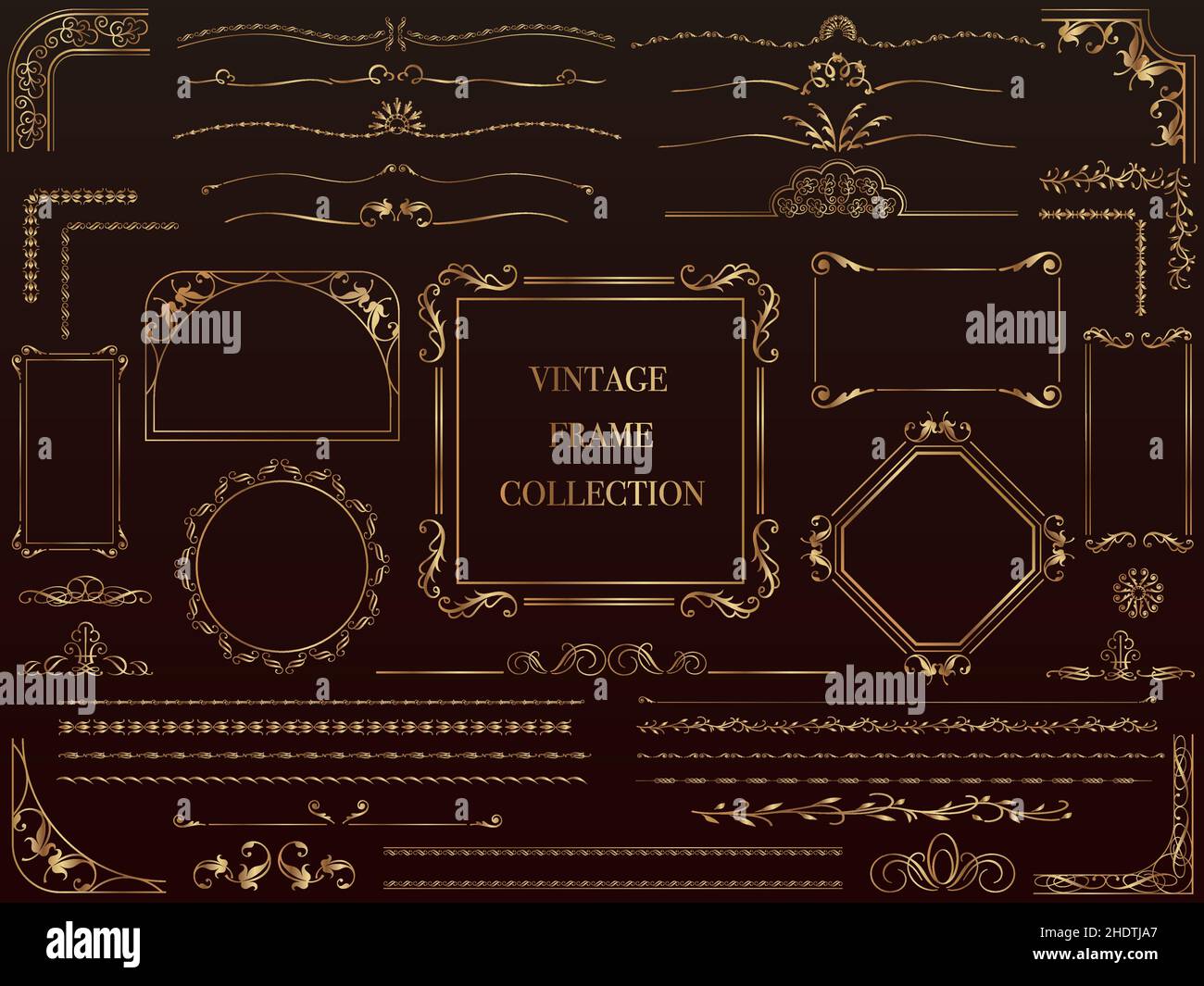 Set of gold vintage frames and borders isolated on a black background. Vector illustration. Stock Vector