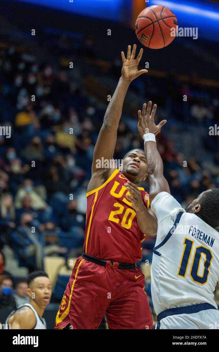 USC guard Ethan Anderson (20) shoots the basketball against California guard Makale Foreman (10) during the second half in Berkeley, California, Thurs Stock Photo