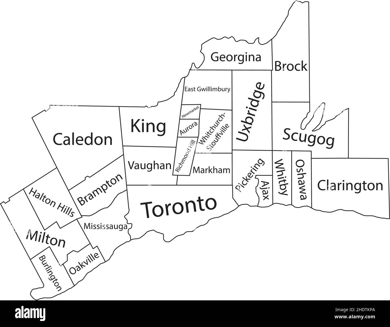 White flat vector administrative map of GREATER TORONTO AREA, ONTARIO, CANADA with black border lines and name tags of its municipalities Stock Vector