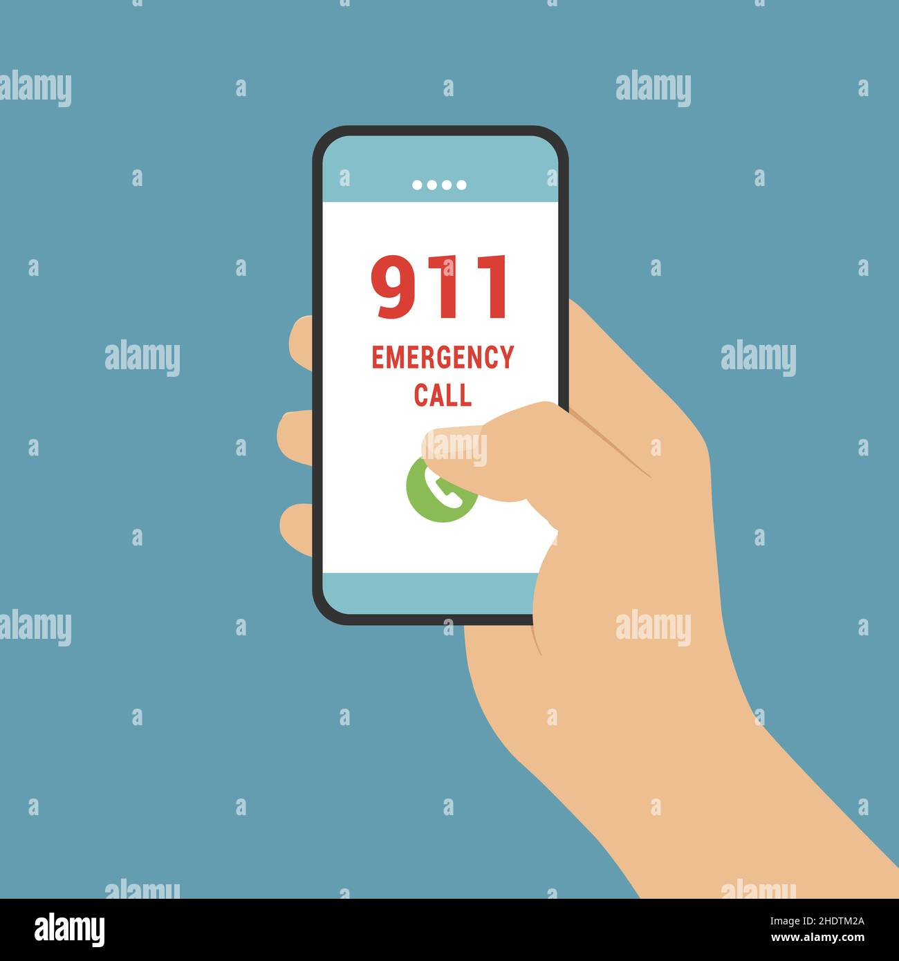 Flat design illustration of male hand holding smartphone. Emergency call to the phone number 911 - vector Stock Vector