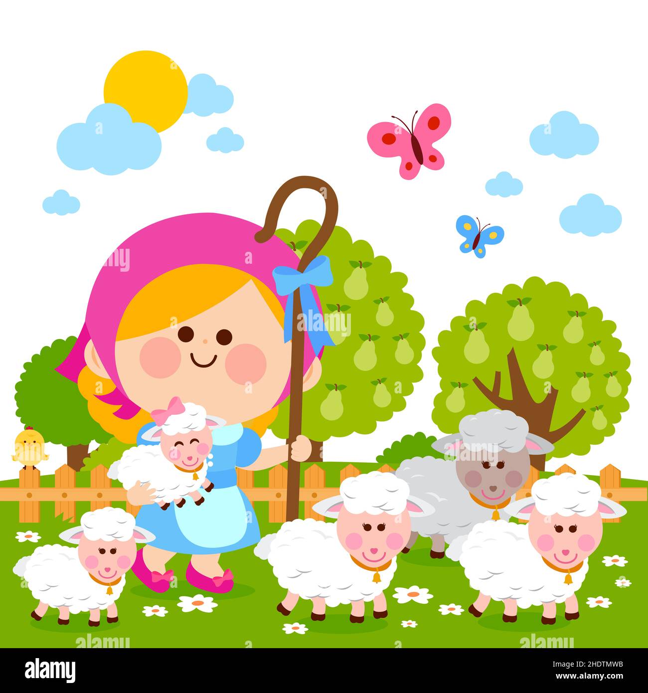 Little shepherdess girl and her sheep at the farm. Stock Photo