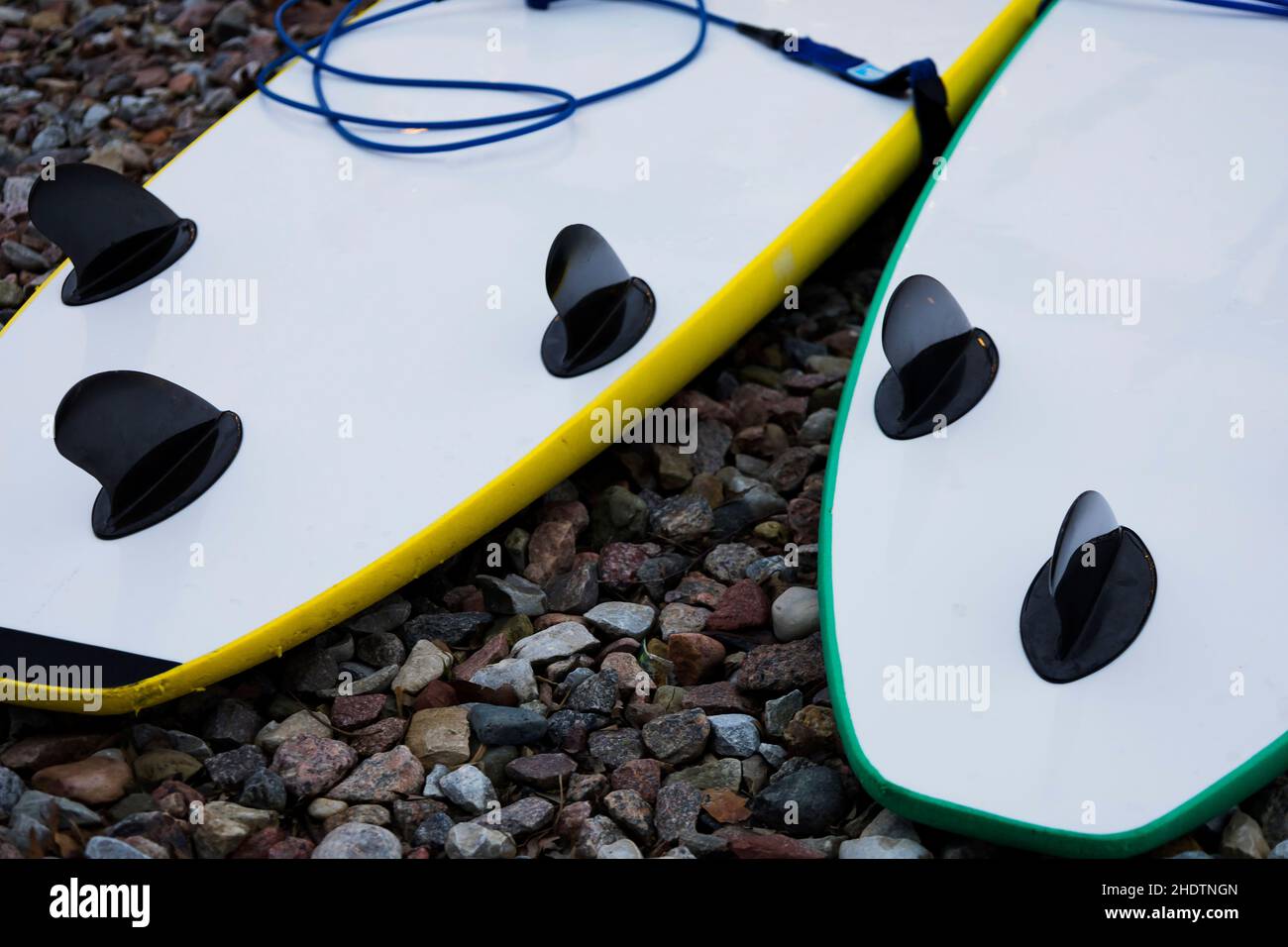 Windsurfing boards on the beach. Windsurfing and active lifestyle. Stock Photo