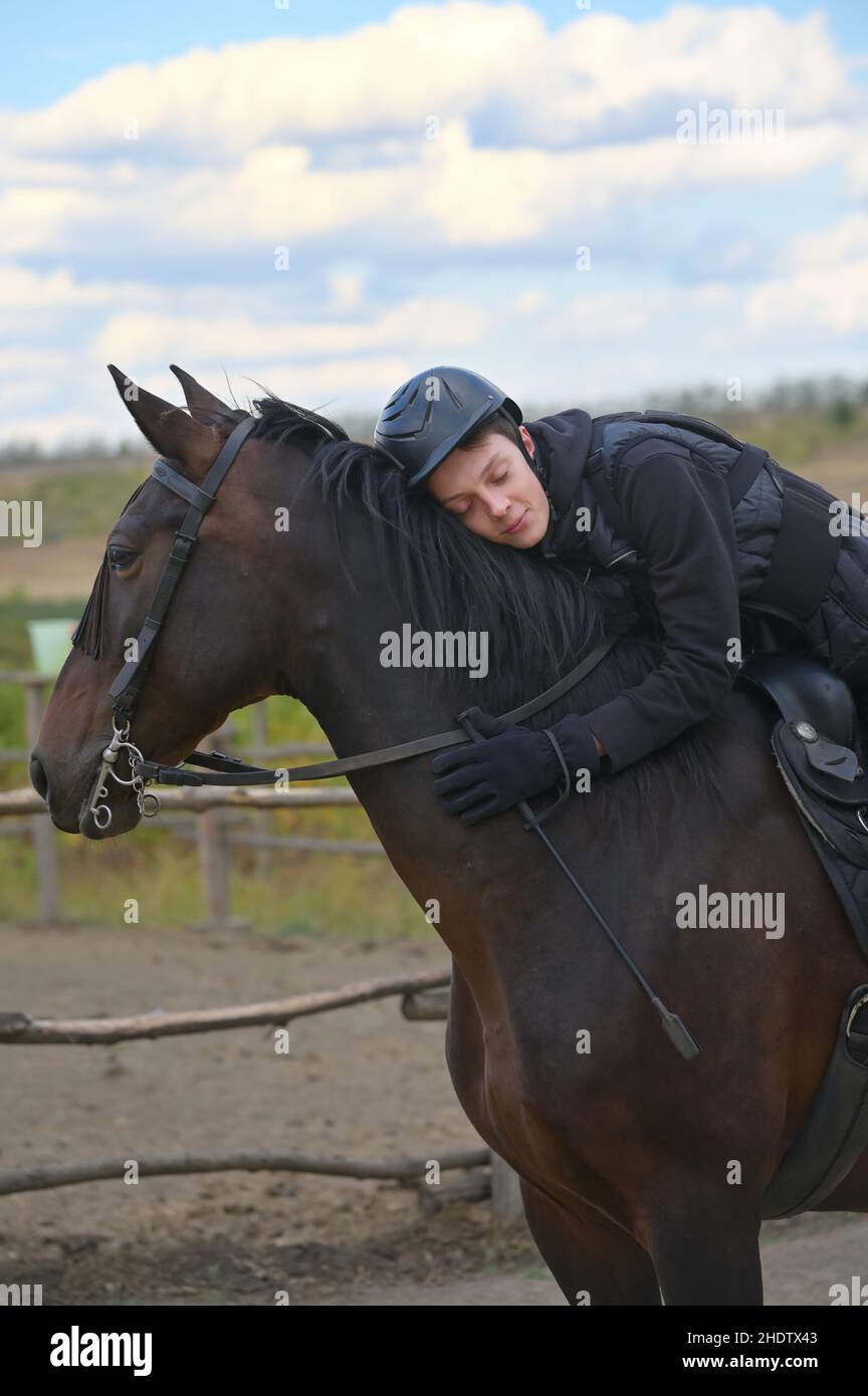 boy, embracing, horses, boys, cuddling, hug, hugging, horse Stock Photo