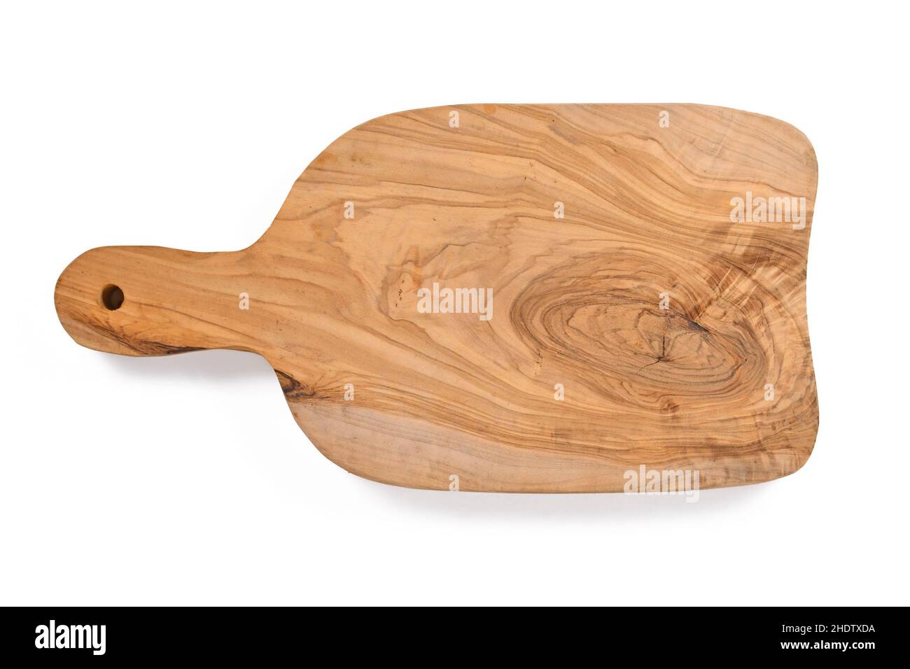 Top view of cutting board made from olive tree wood on white background Stock Photo