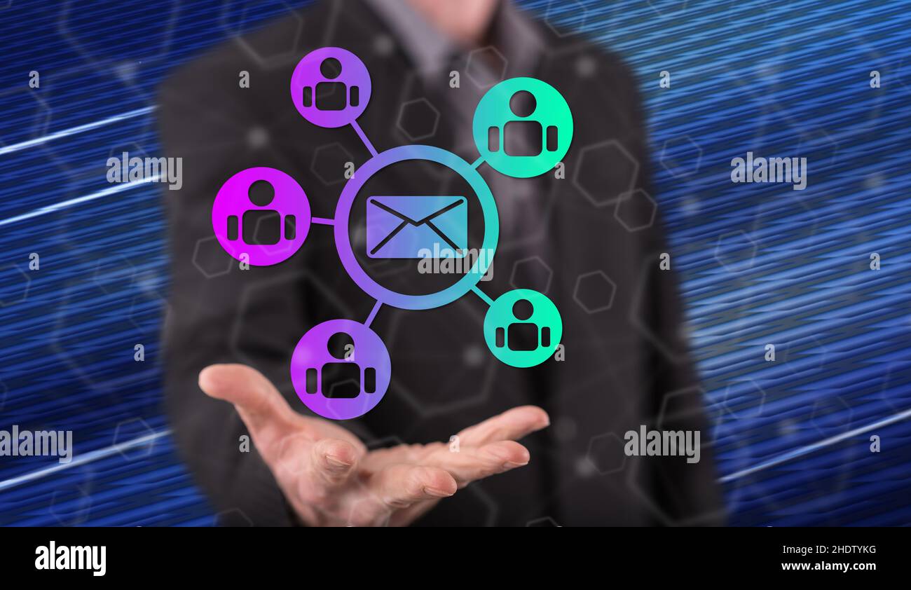 Email marketing concept above the hand of a man in background Stock ...