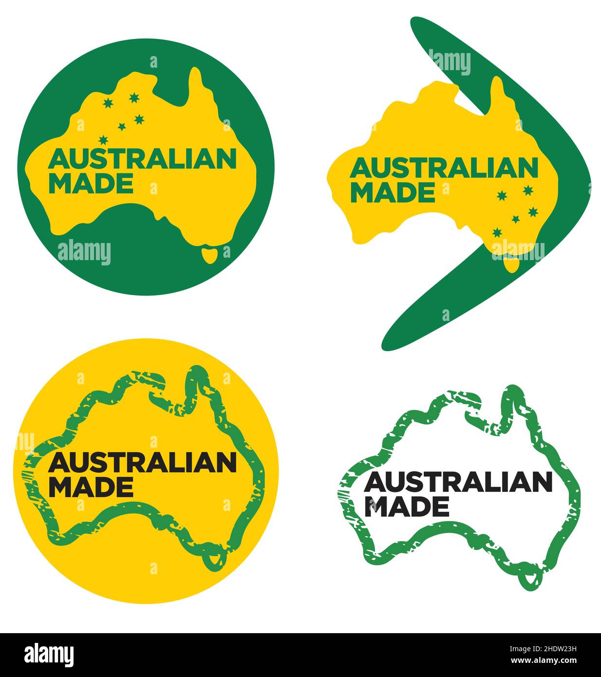 Various Australian Made logos Made in Australia green and gold set of 4 vector isolated on white