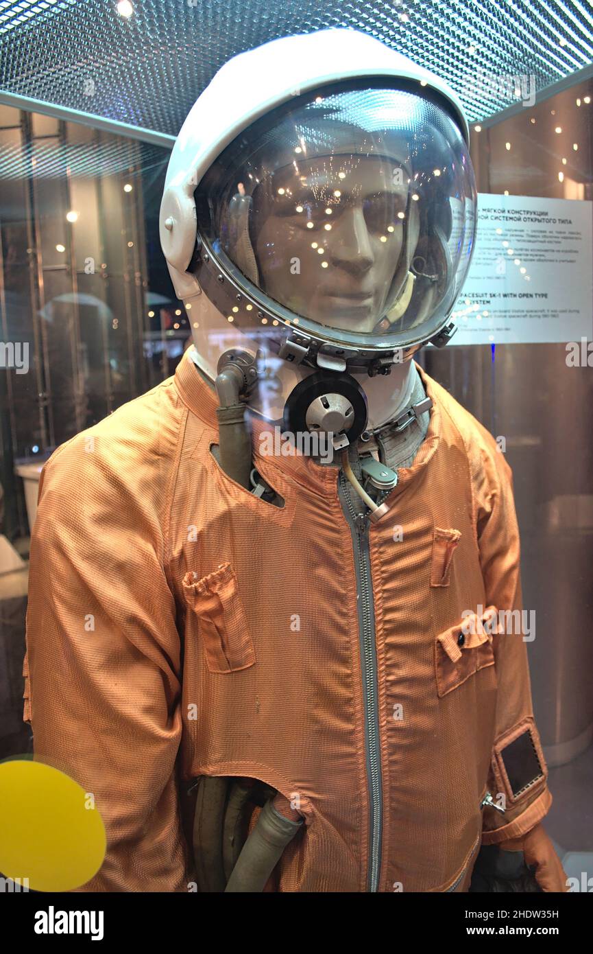 Museum of Cosmonautics - Space suit 'SK-1' in which Y.Gagarin made the first flight into space on the board spacecraft 'Vostok', at 1961. Stock Photo