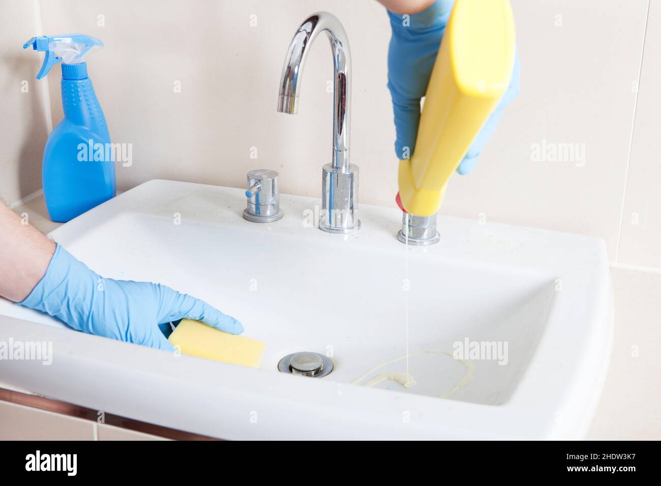 cleaning, bathroom sink, cleaning agent, housewife, cleaning lady