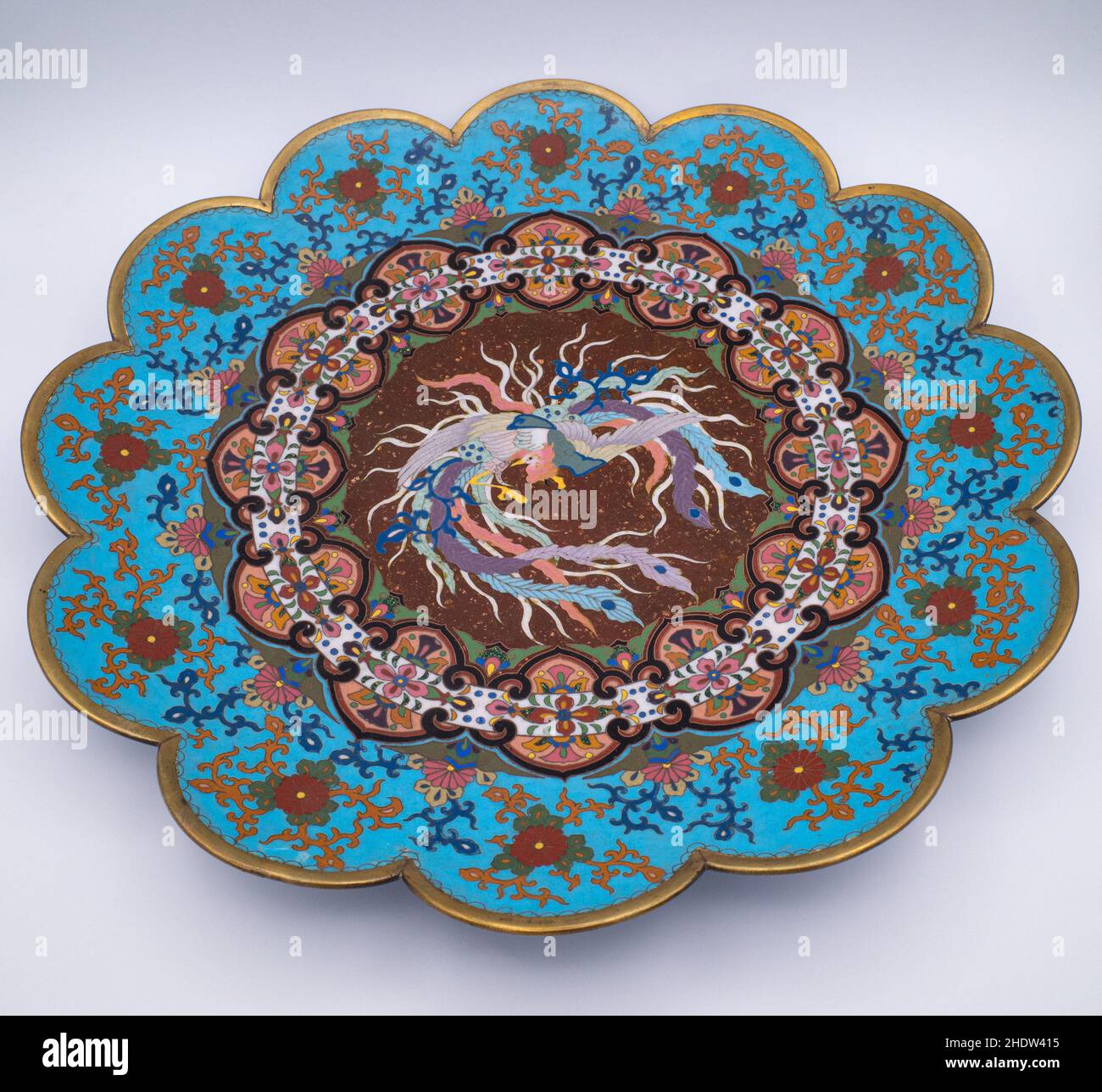 Large Japanese Bronze Cloisonné Charger With a Ho-o Bird. Diameter 36.5cm Stock Photo