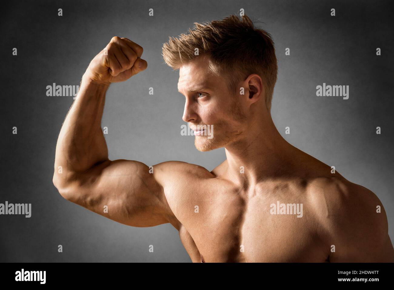 Premium Photo  Shirtless man crop view doing biceps triceps workout with  dumbbells in gym strength training