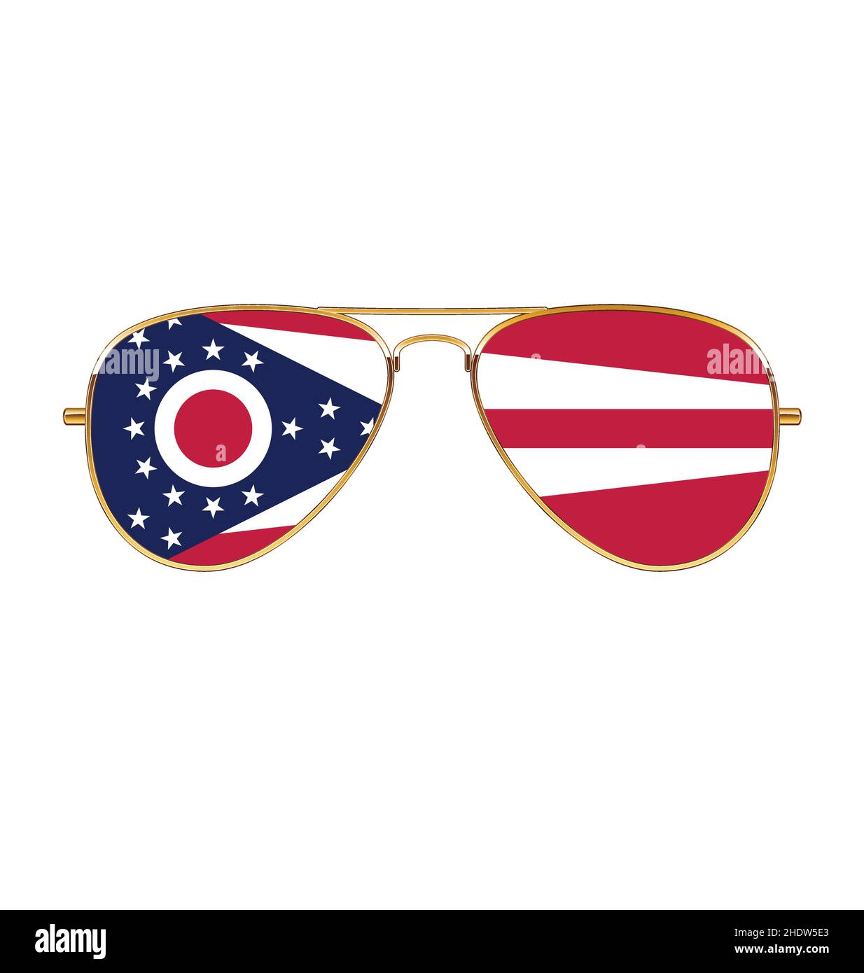 Cool simple Aviator Sunglasses with Ohio oh state flag in lenses gold frames tshirt design graphic vector isolated in white background Stock Vector
