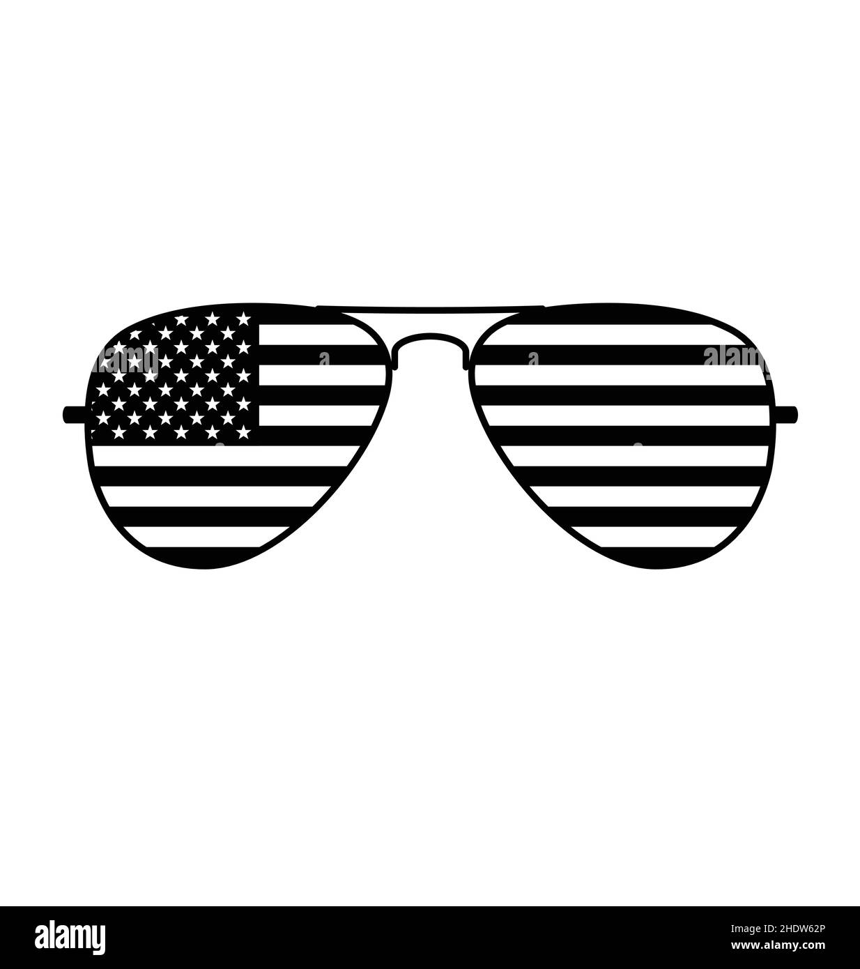 Cool simple Aviator Sunglasses with USA flag in lenses black and white monochrome vector isolated on white background Stock Vector