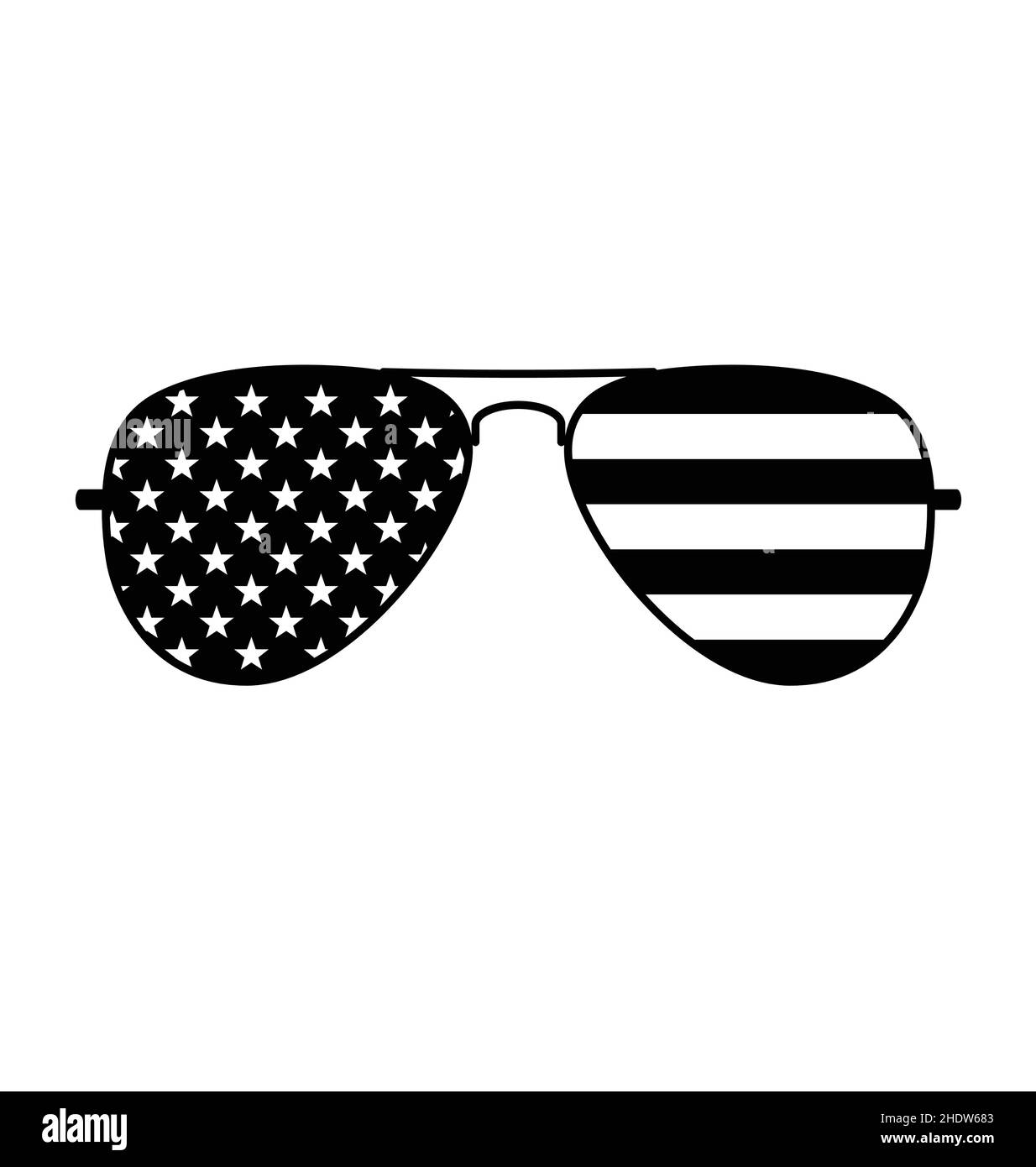 Cool simple Aviator Sunglasses with USA flag in lenses black and white monochrome vector isolated on white background Stock Vector