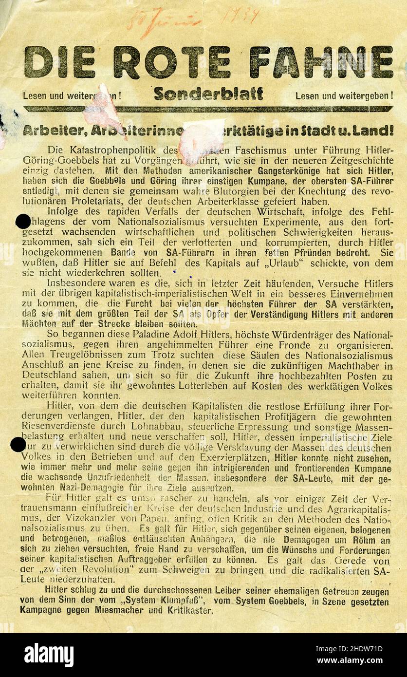 Newspaper of the Communist Party of Germany 'Die Rote Fahne'. 1934. Stock Photo