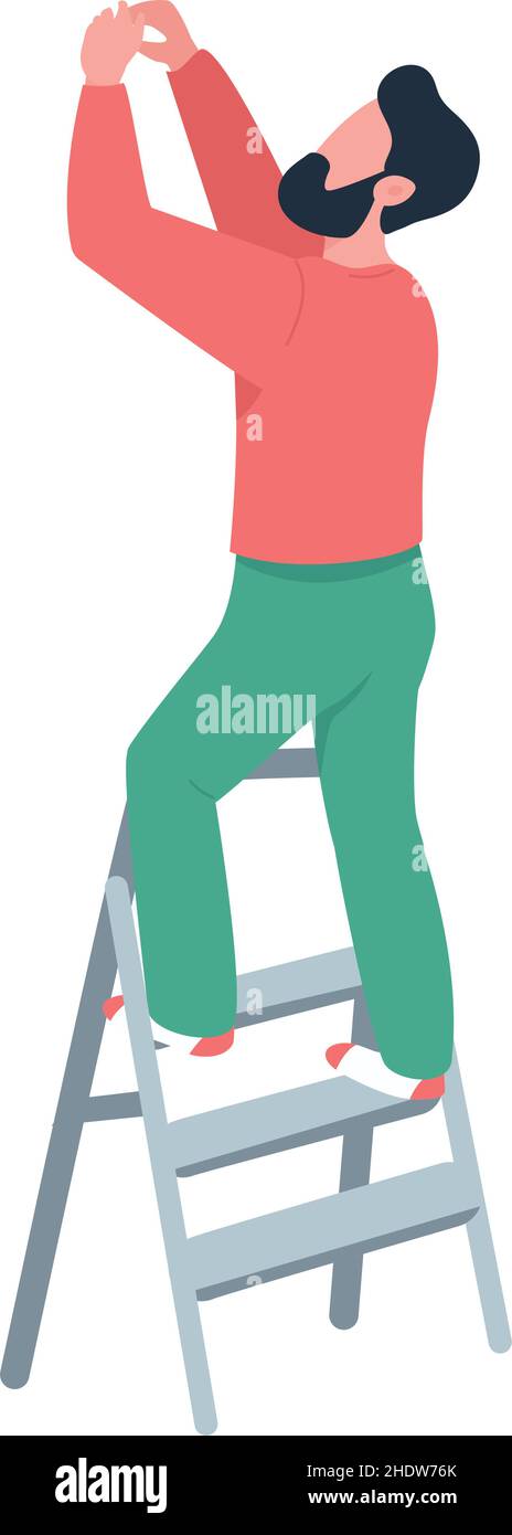 Handyman on ladder semi flat color vector character Stock Vector