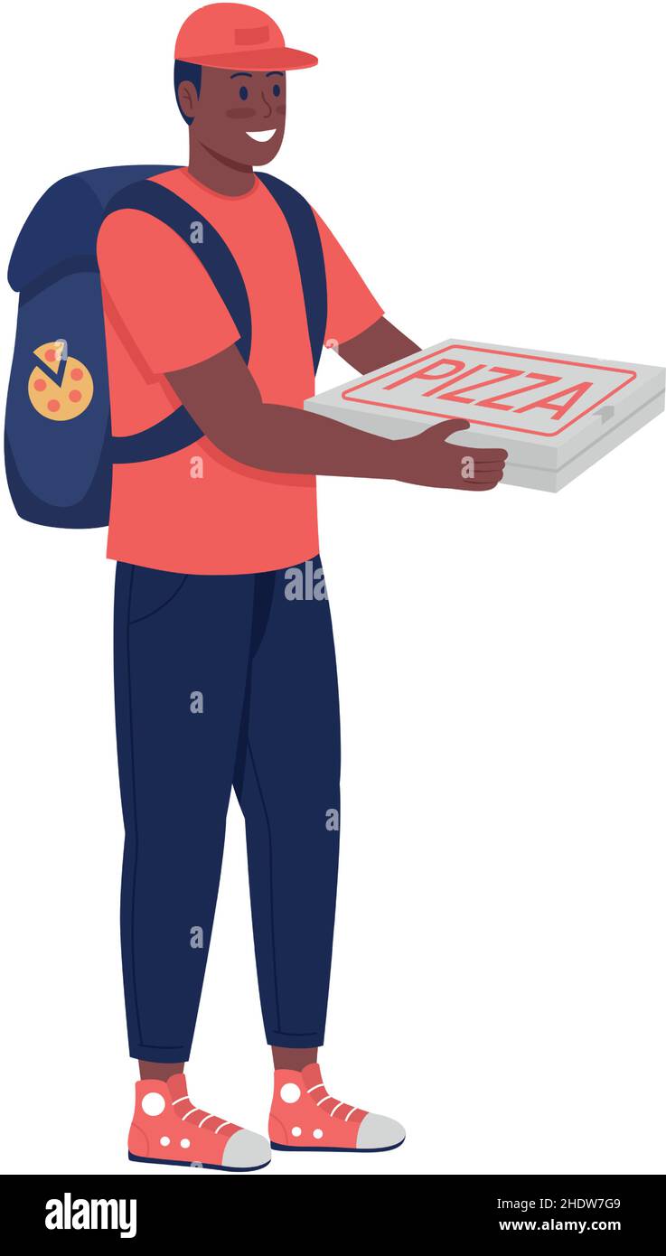 Delivery man with pizza semi flat color vector character Stock Vector