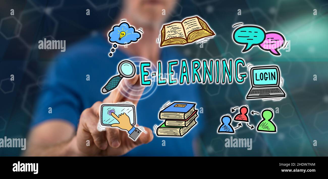 Man touching an e-learning concept on a touch screen with his finger ...