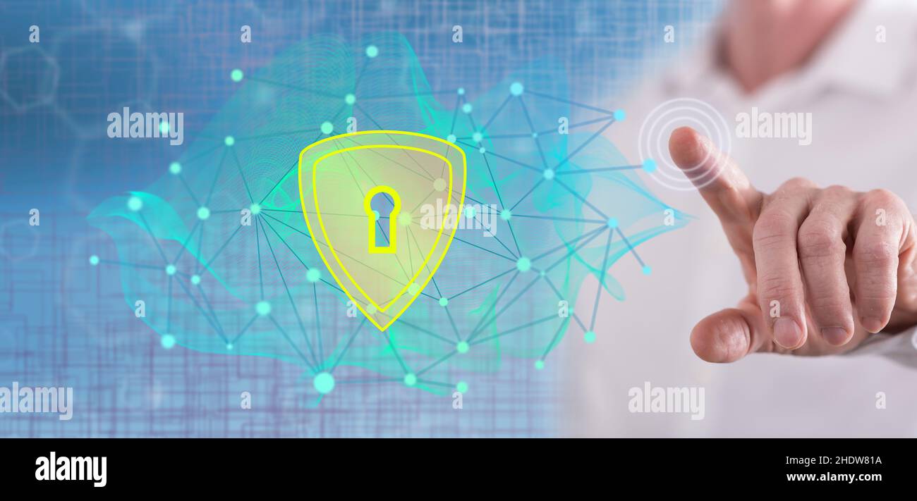 Man touching a data security concept on a touch screen with his finger ...