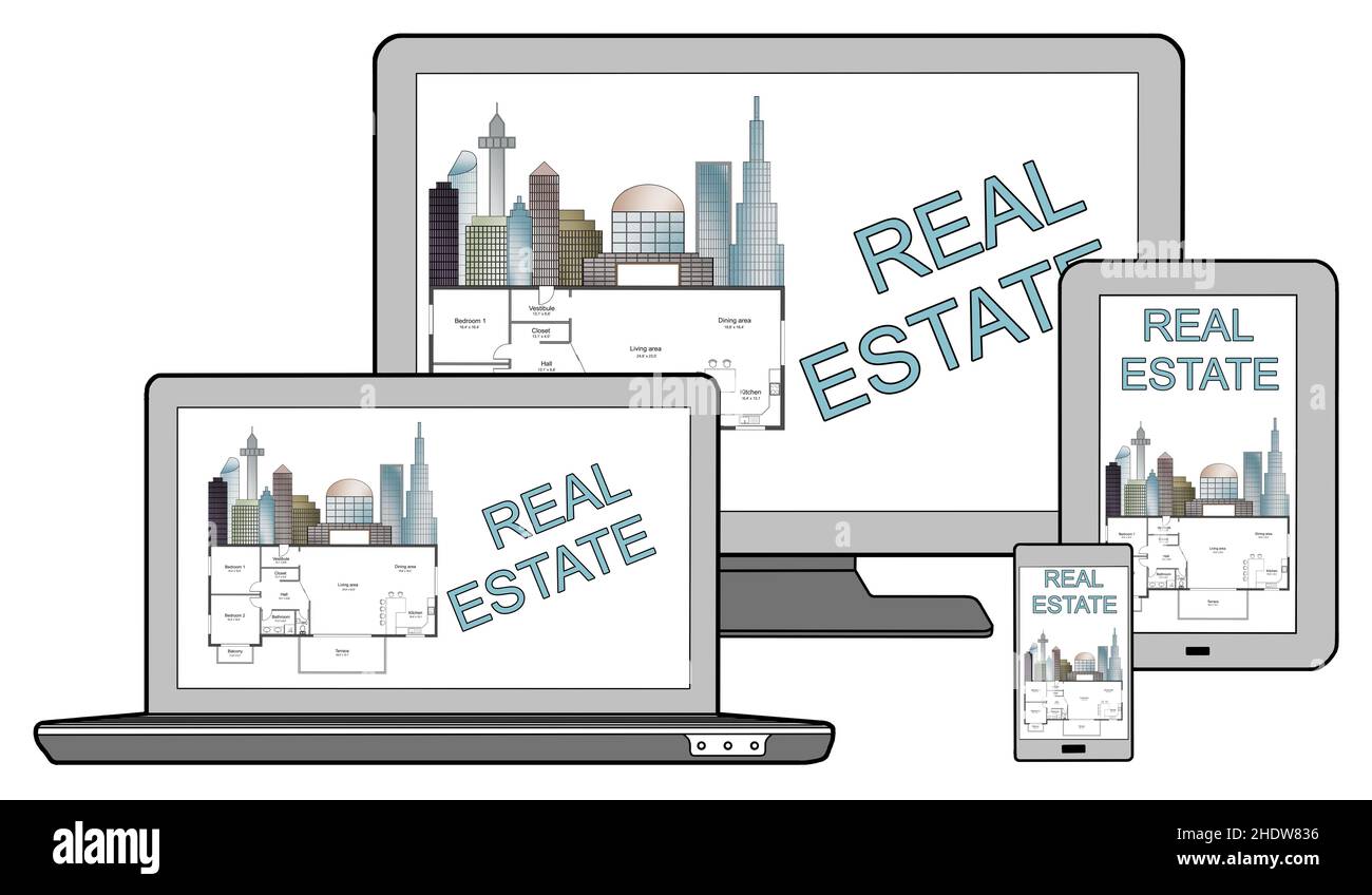 Real estate concept on different devices, isolated on white Stock Photo