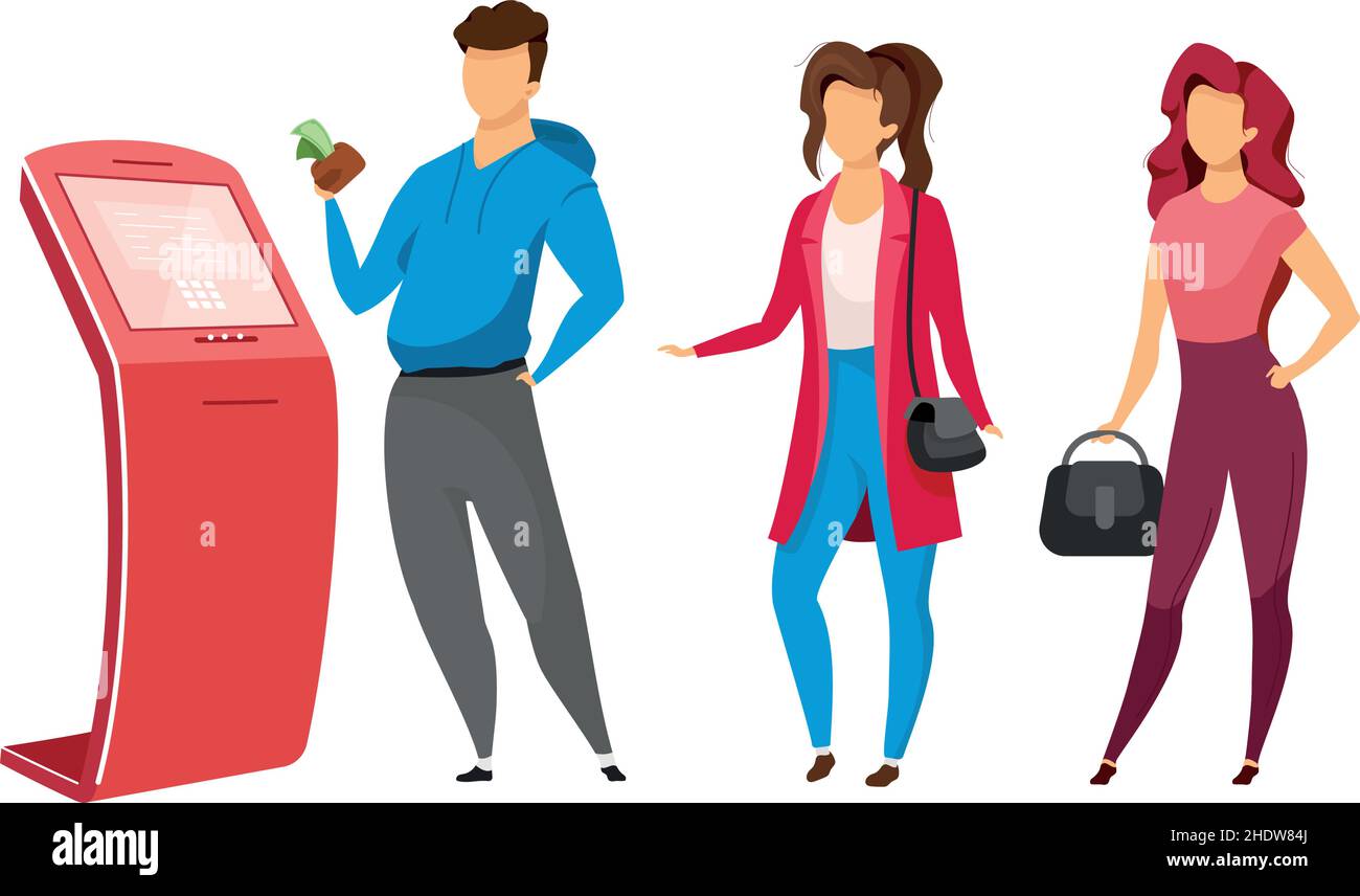 People queue to terminal semi flat color vector characters Stock Vector