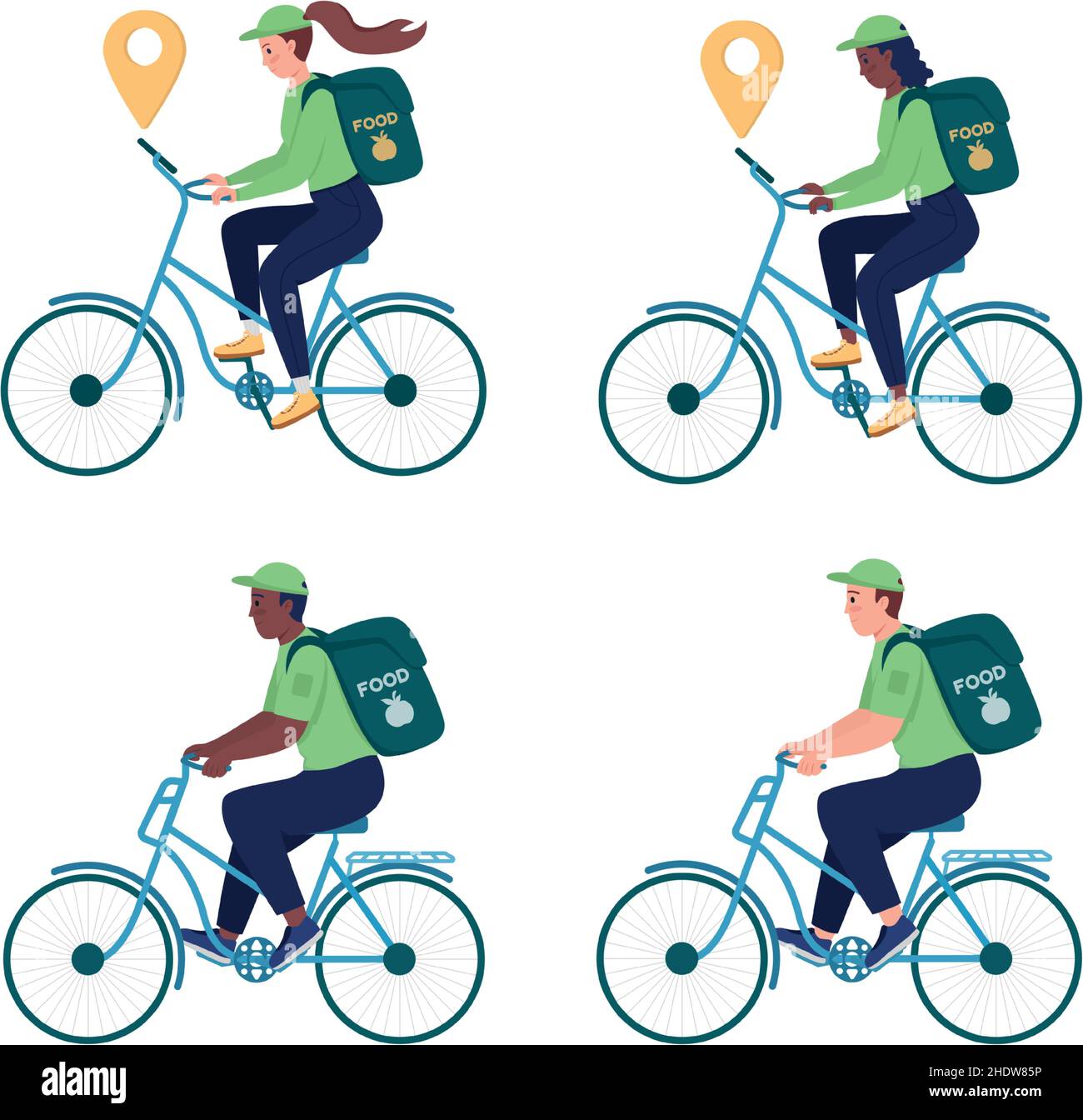 Delivery worker on bicycle semi flat color vector character set Stock Vector