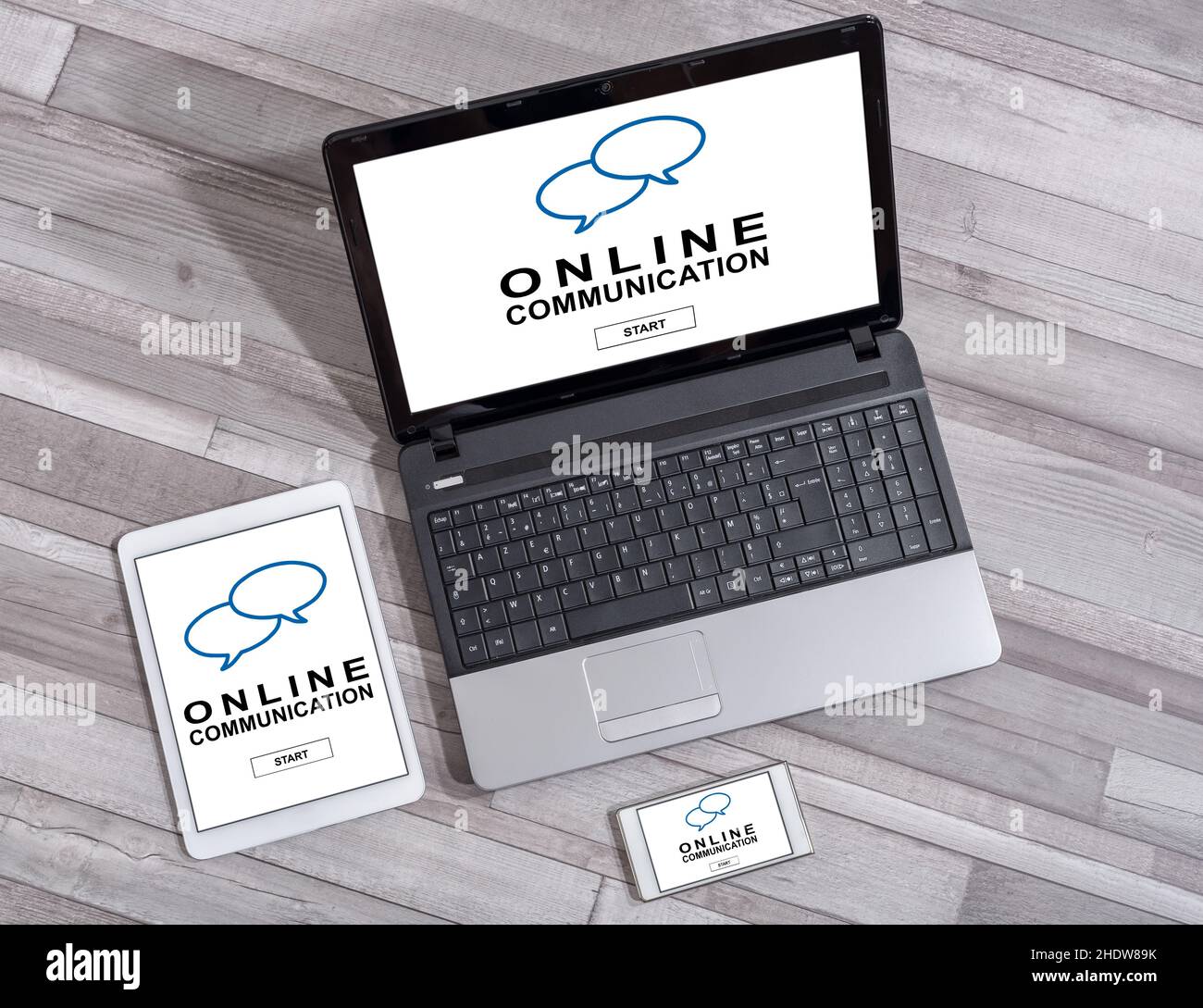 Online communication concept shown on different information technology devices Stock Photo