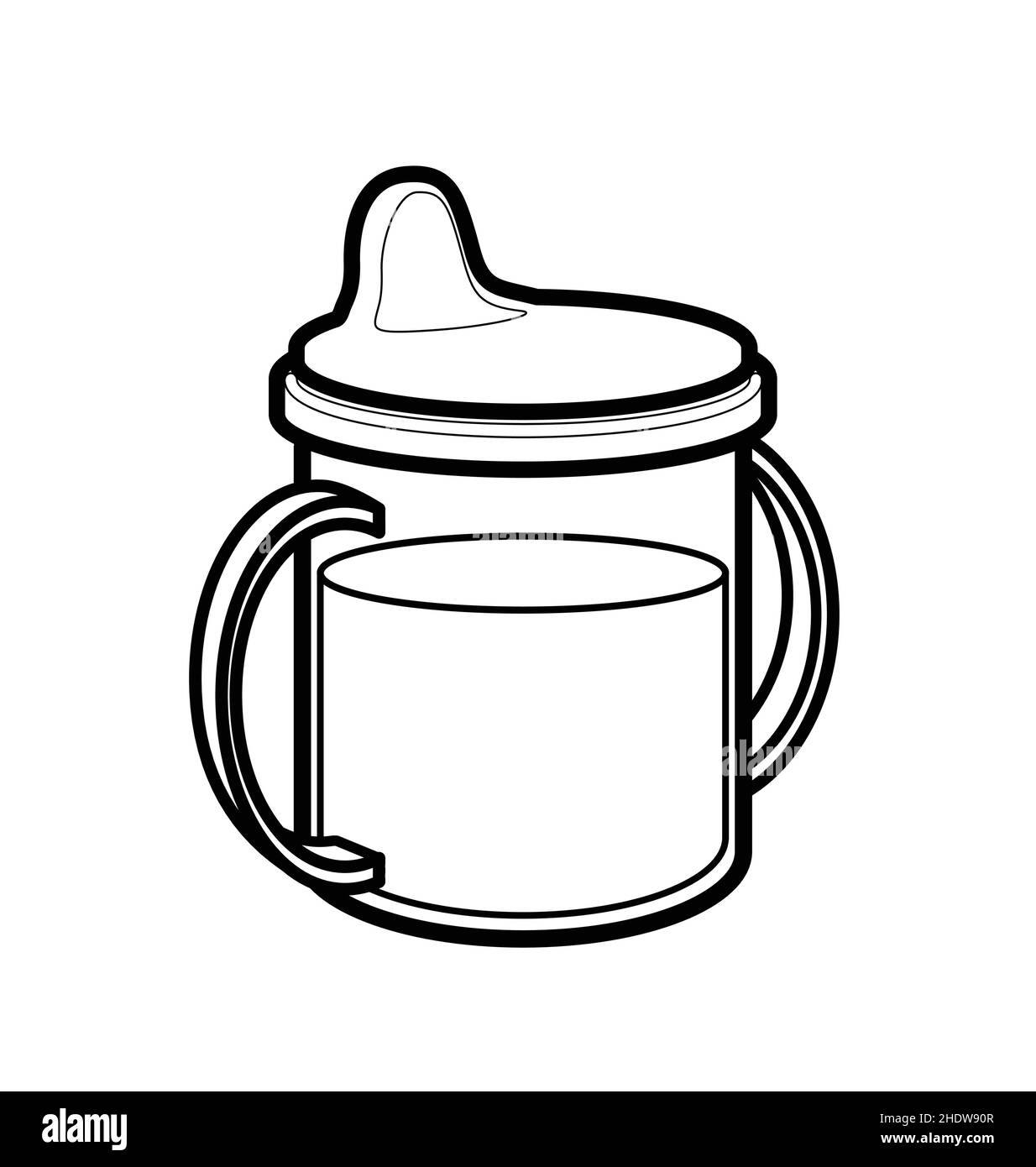 babies baby sippy sipper cup bottle full of milk or formula with 2 handles line drawing black and white lineart vector isolated on white background Stock Vector