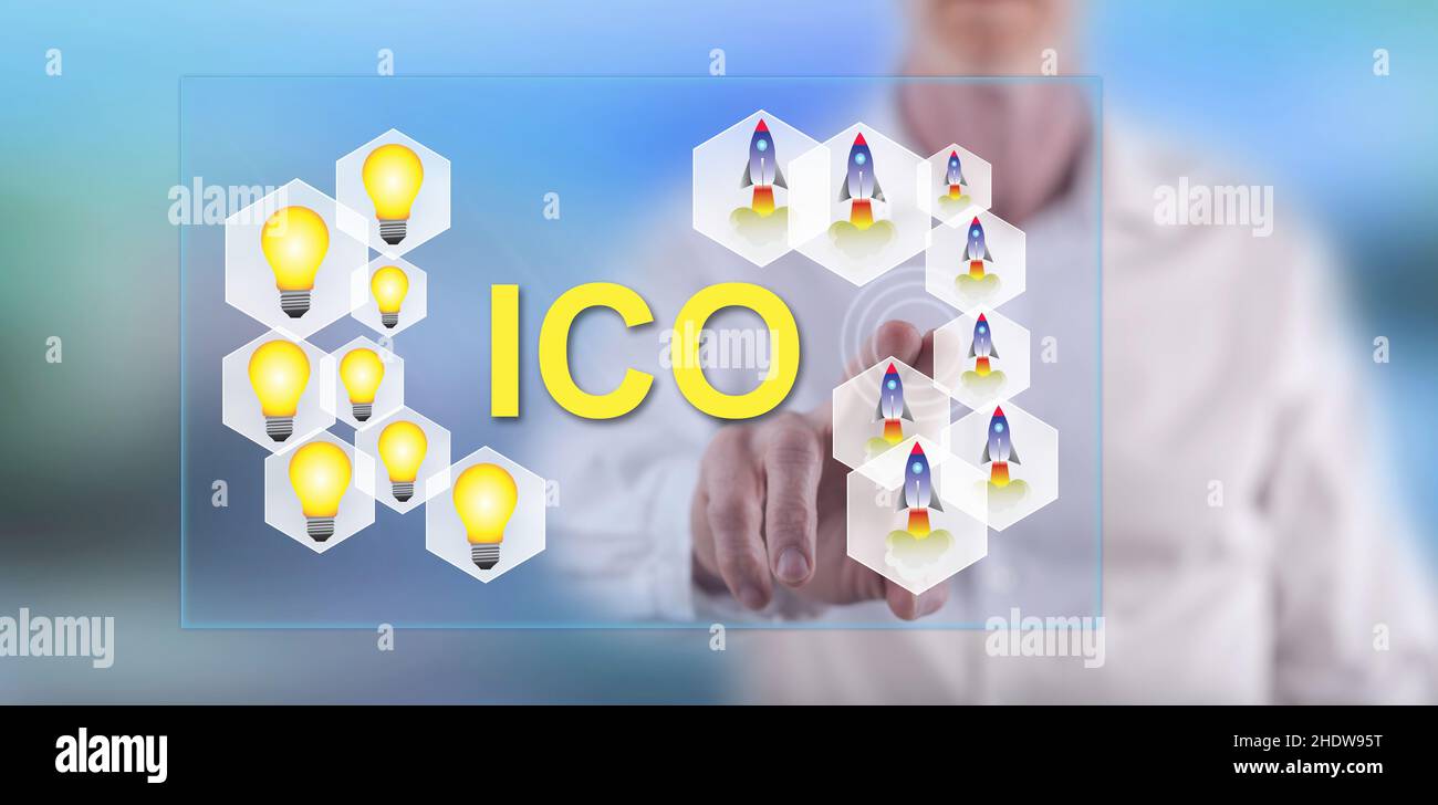 Hand Process Ico Man touching an ico concept on a touch screen with his finger Stock ...