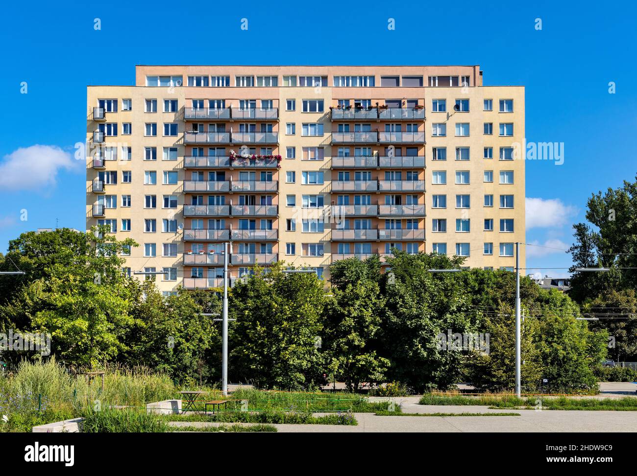 Warsaw, Poland - July 11, 2021: Large scale multi family project residential building at Melsztynska street in Mokotow district of Warsaw Stock Photo