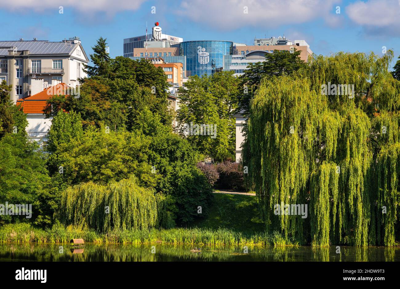 Warsaw, Poland - July 11, 2021: Morskie Oko pond park below Pulawska and  Dworkowa street in Mokotow district with Srodmiescie downtown view of Warsaw  Stock Photo - Alamy