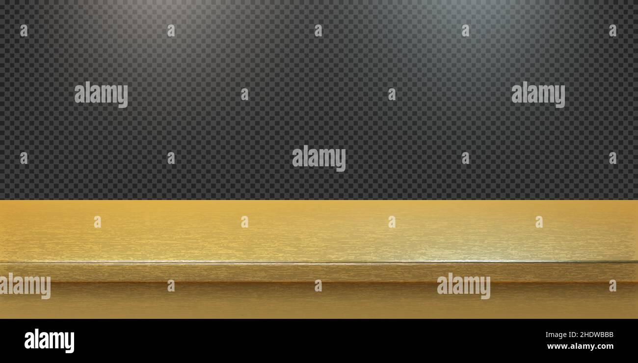 Yellow gold steel countertop, empty shelf. Vector realistic mockup of table top, kitchen counter on transparent background with spot light. Bar desk s Stock Vector