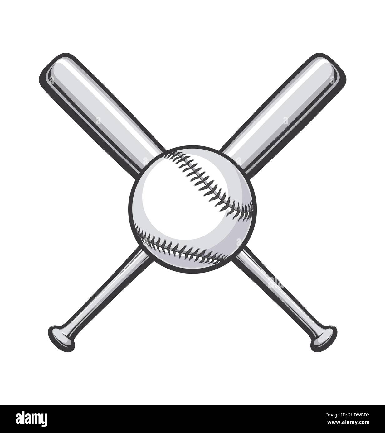 simple classic baseball with 2 crossed baseball bats grayscale gray