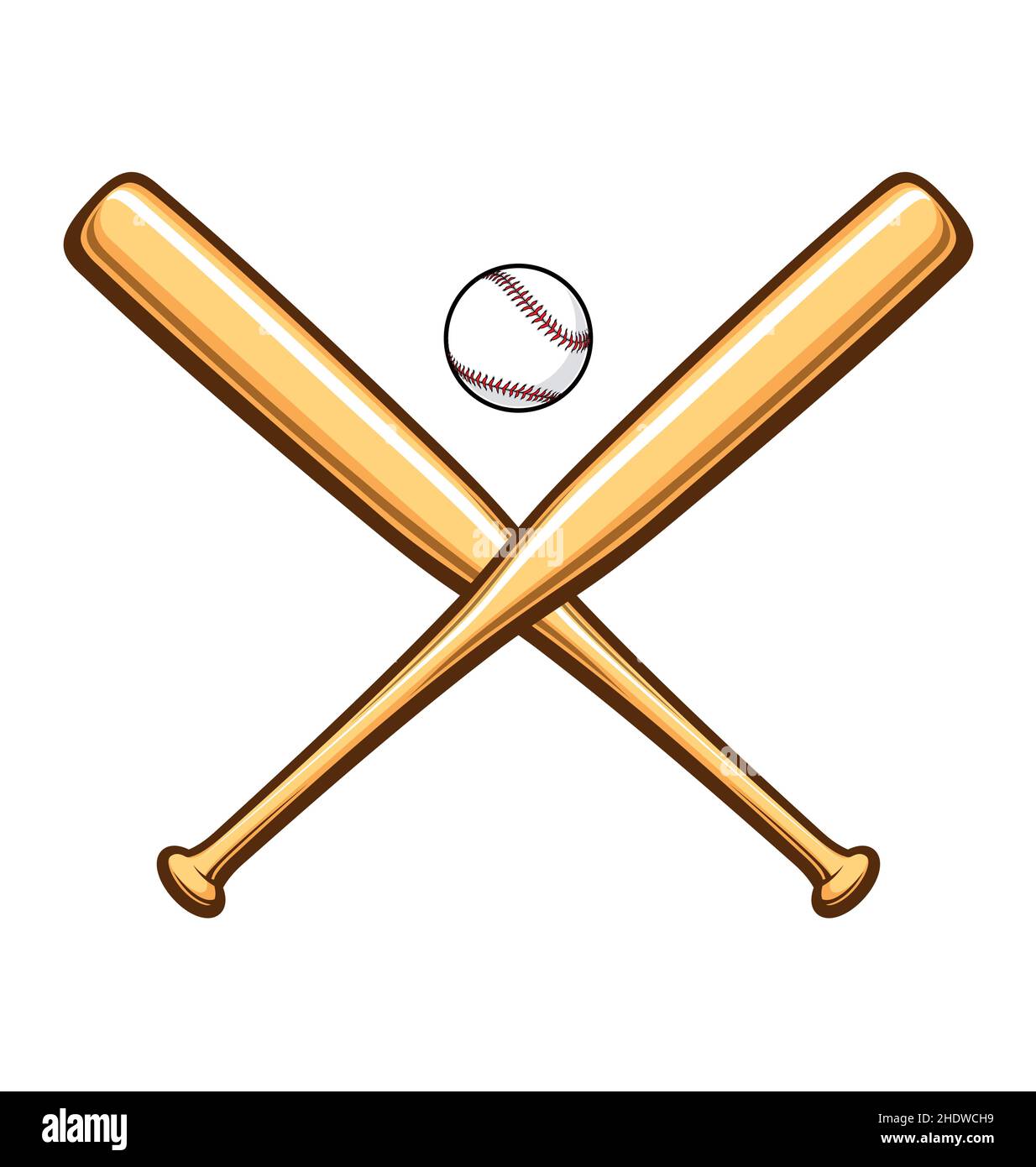 simple classic baseball with 2 crossed baseball bats wood cartoon shaded  base ball vector isolated on white background Stock Vector Image & Art -  Alamy