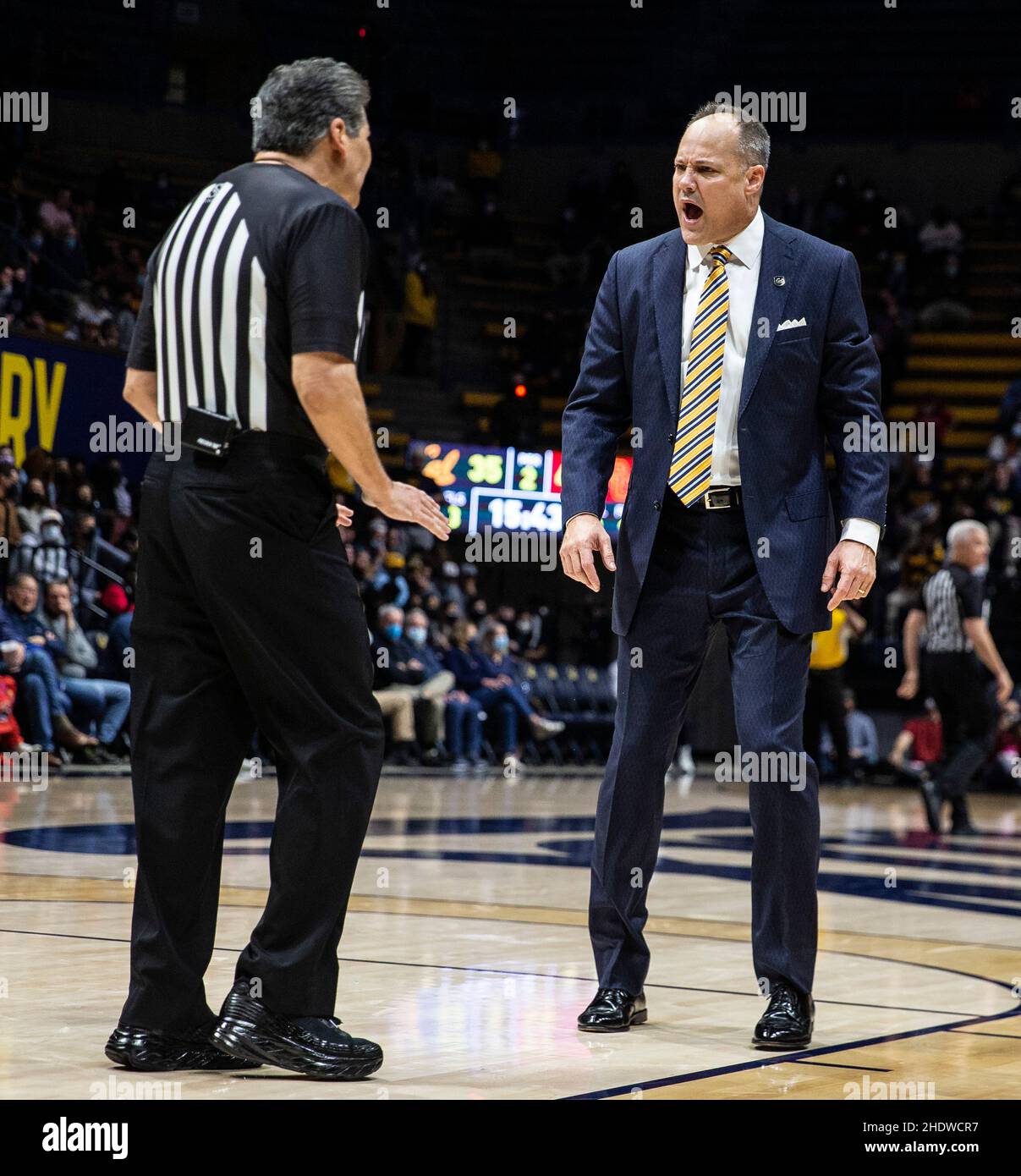 Hass Pavilion. 06th Jan, 2022. CA U.S.A. California head coach Mark Fox upset over the referee call during the NCAA MenÕs Basketball game between USC Trojans and the California Golden Bears. USC won 77-63 at Hass Pavilion. Thurman James/CSM/Alamy Live News Stock Photo