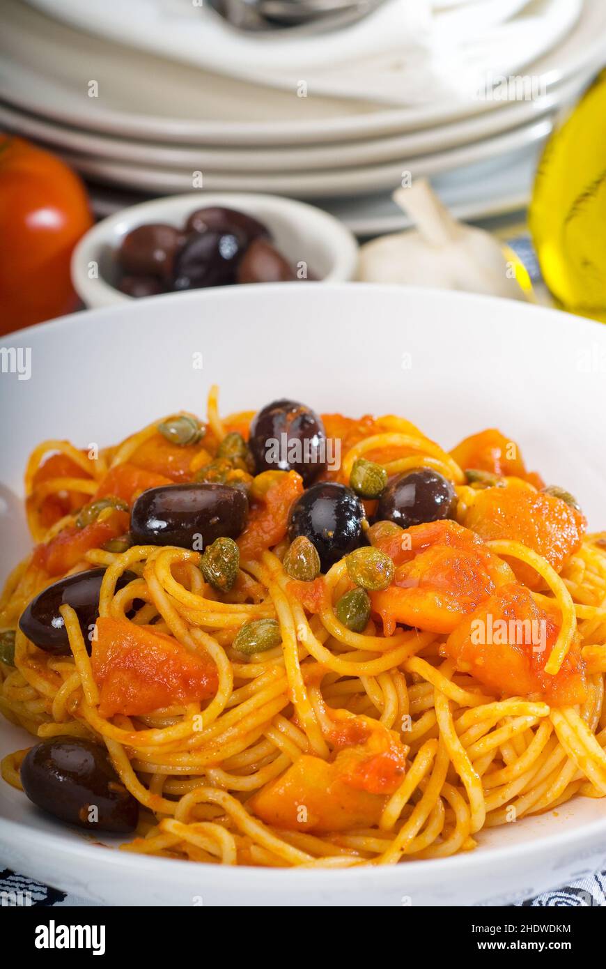 pasta dish, spaghetti alla puttanesca, pasta dishs Stock Photo