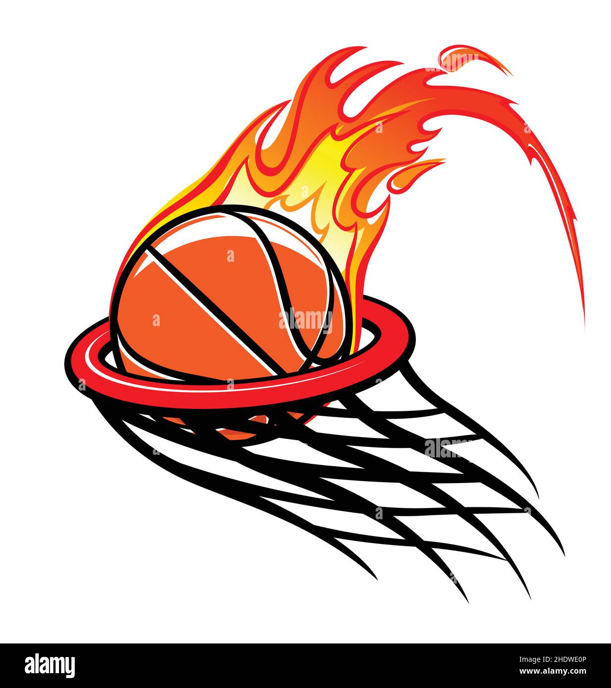 flaming stylized basketball through hoop logo vector isolated on white background Stock Vector