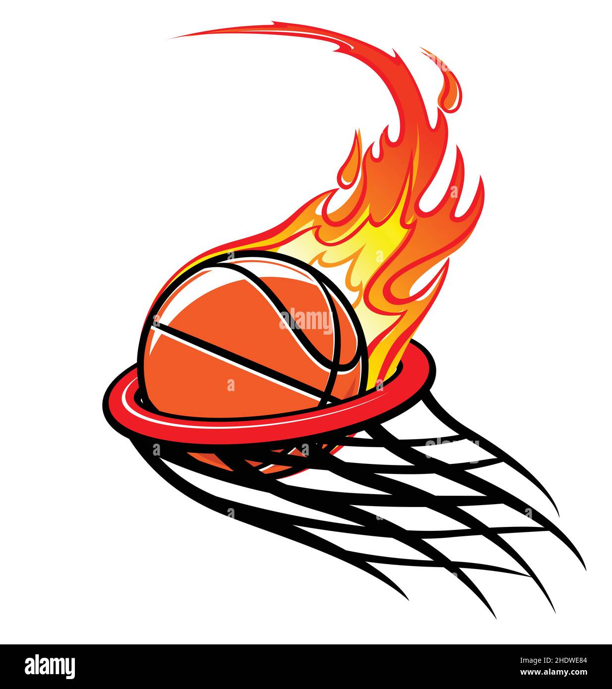 flaming stylized basketball through hoop logo vector isolated on white background Stock Vector