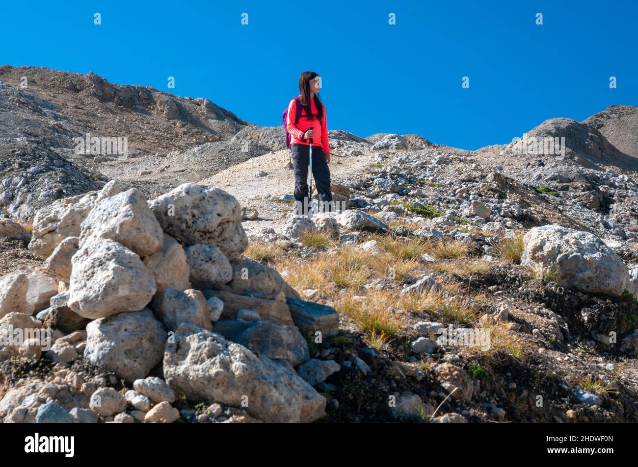 Young girl hiking to ‘Col des Fours’ pass (2076m), Haute-Maurienne, Vanoise massif, Bonneval-sur-Arc, Savoie (73), Auvergne-Rhone-Alpes, France Stock Photo