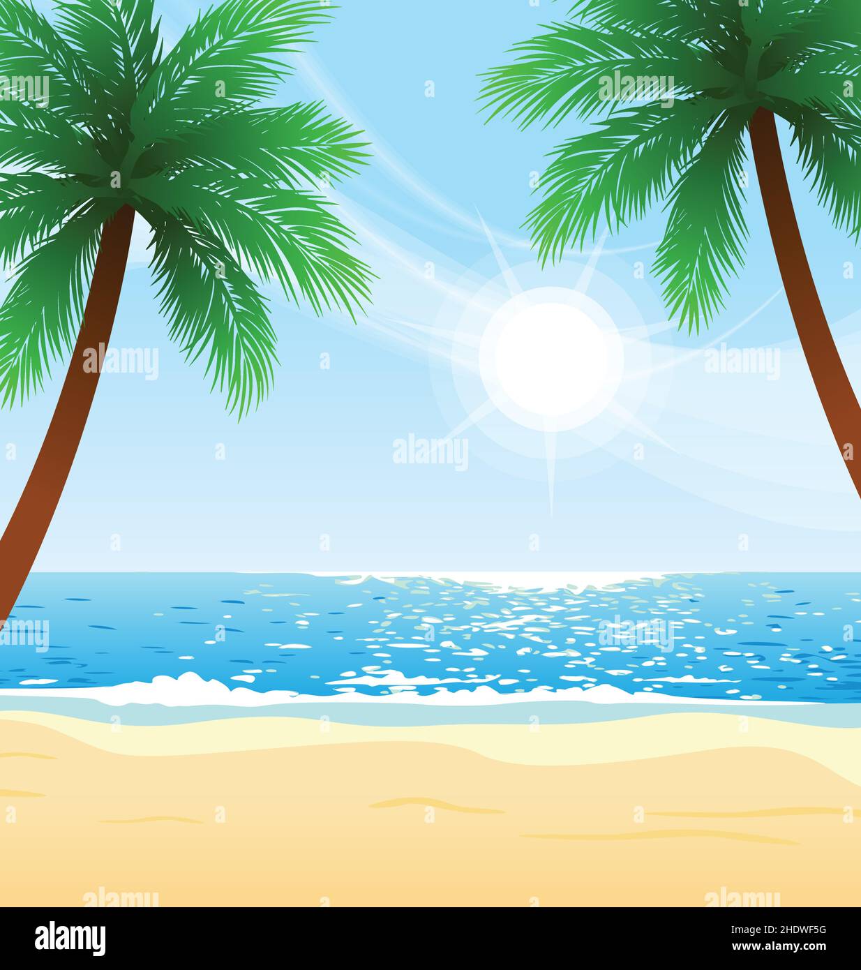 warm tropical beach sunny day with palm trees in foreground Stock ...