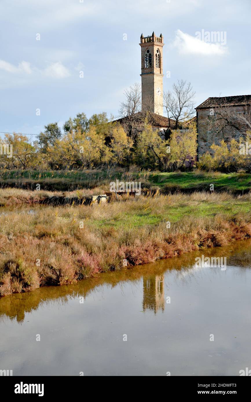 Santa Maria della Neve bell tower of  Lio Piccolo (Cavallino Treporti Venice) rural village by the Lagoon, Stock Photo