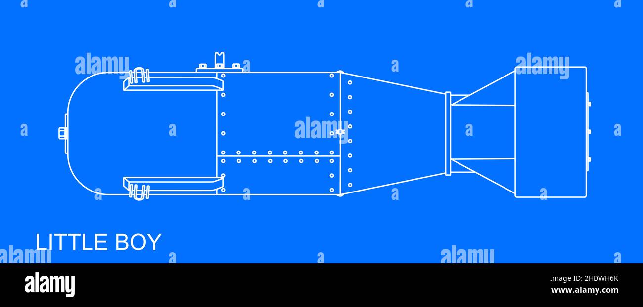 Drawing of the atomic bomb code named Little Boy in blueprint Stock