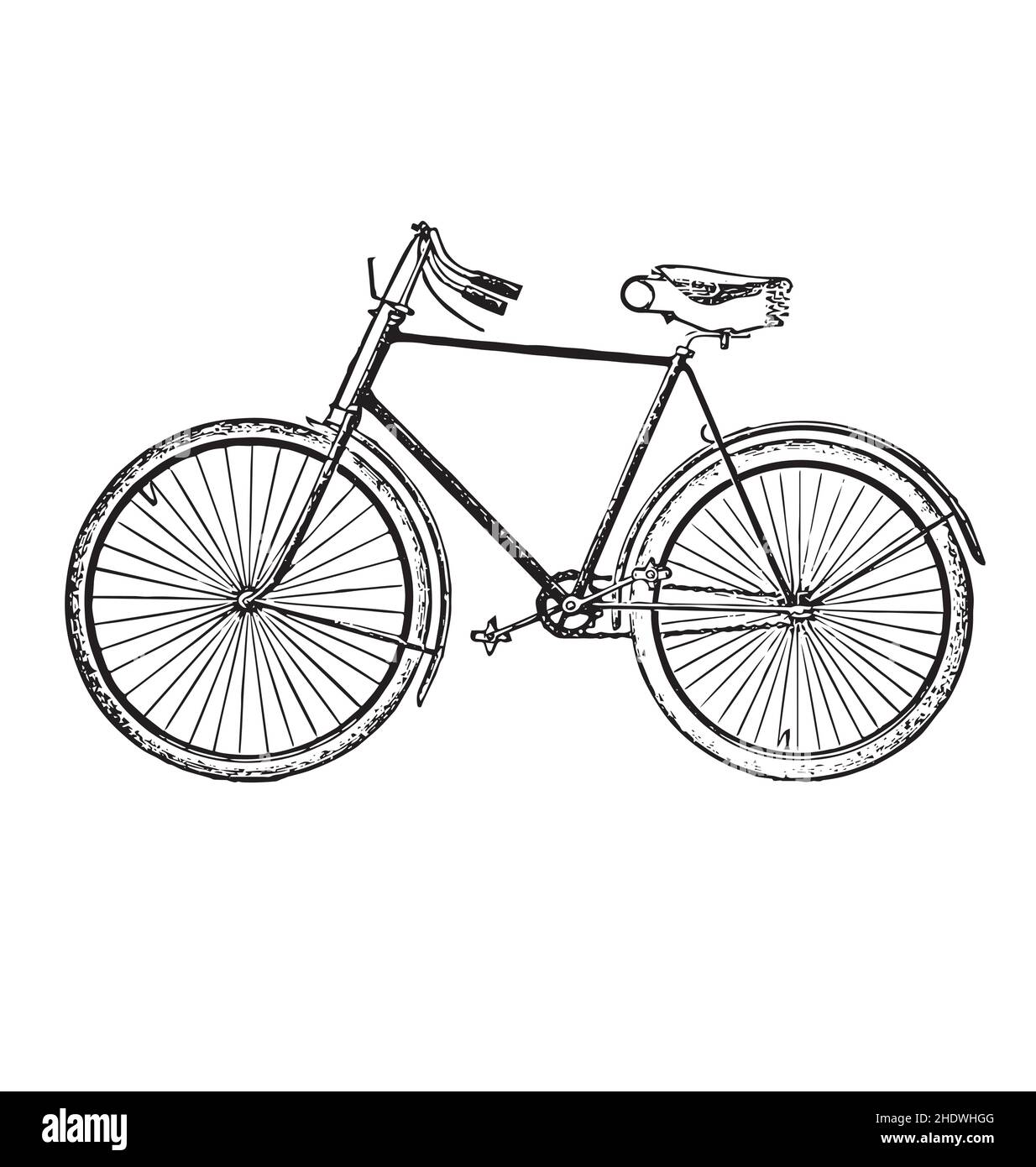vintage retro bike bicycle black ink etching side view isolated on white background Stock Vector