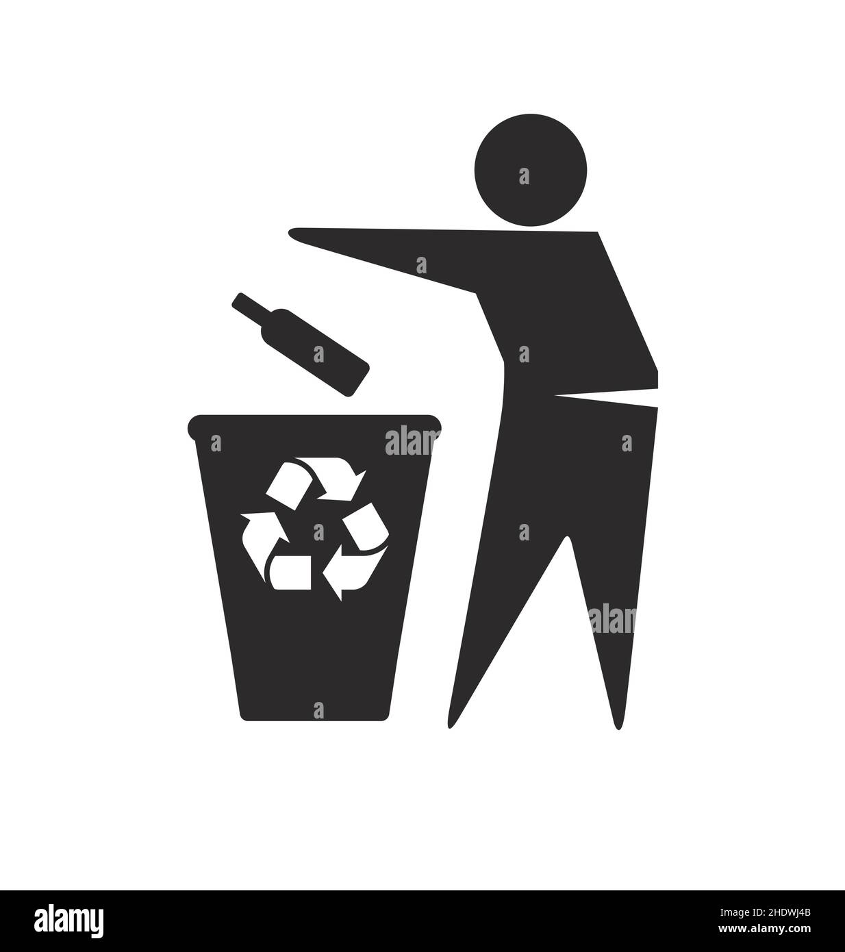 man putting glass bottle in recycle bin waste symbol icon logo simple Stock Vector