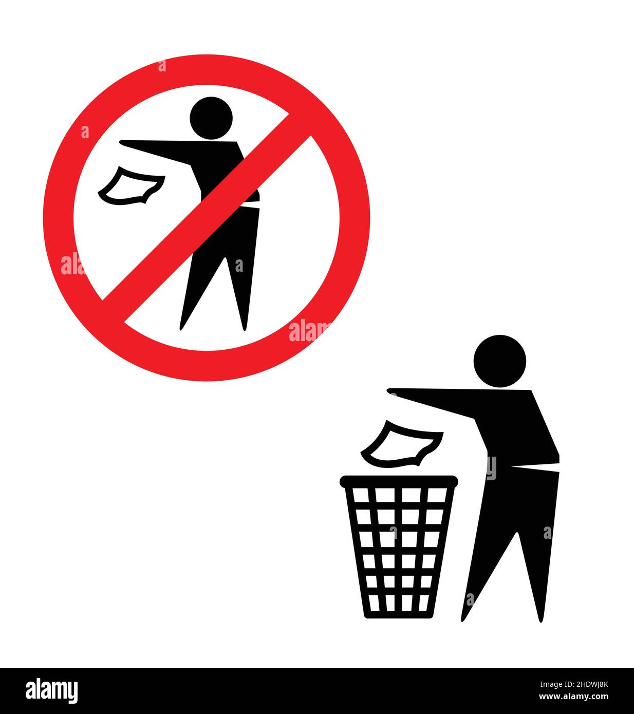 do not litter no littering sign man putting trash rubbish in the bin waste paper basket symbol icon logo simple vector isolated on white background Stock Vector