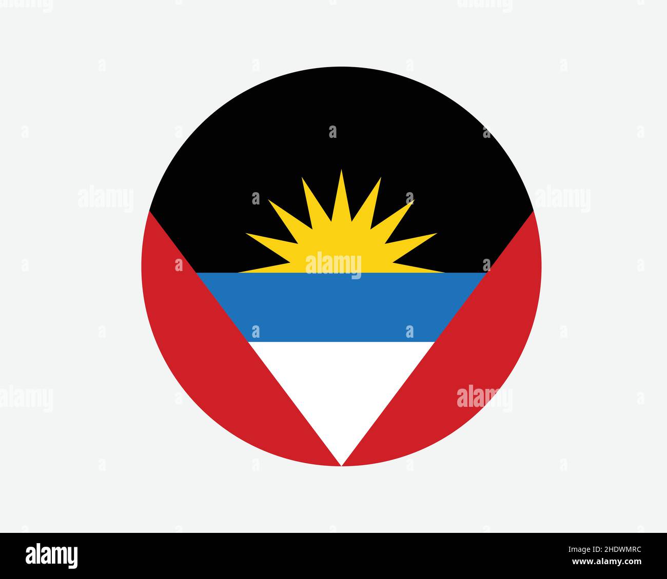 Antigua and Barbuda Round Country Flag. Circular Antiguan and Barbudan National Flag. Antigua and Barbuda Circle Shape Button Banner. EPS Vector Illus Stock Vector