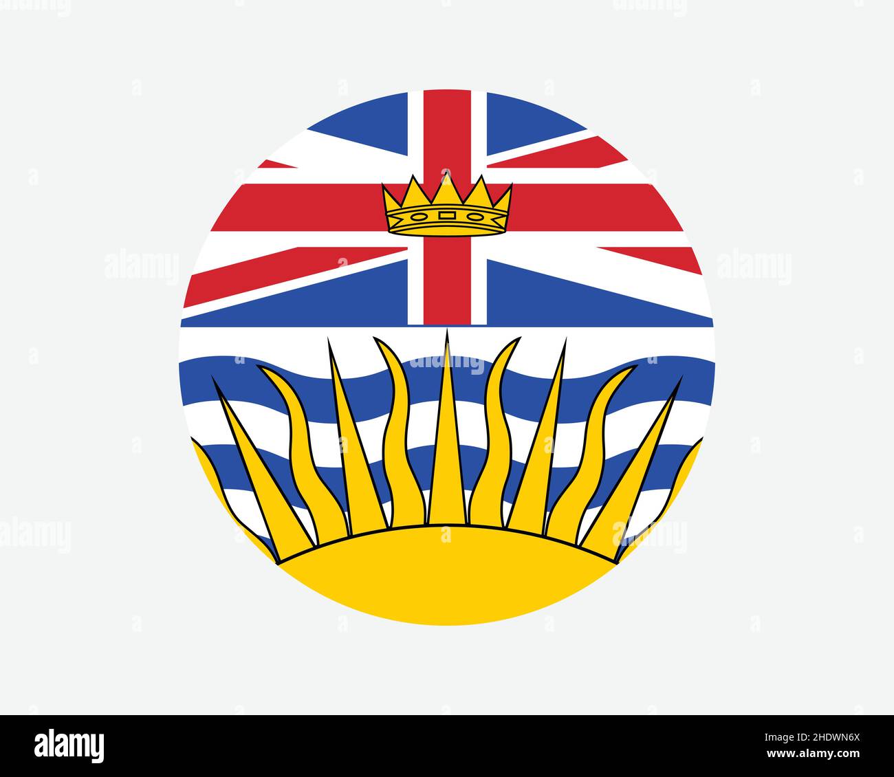 British Columbia Canada Round Flag. BC, Canadian Circle Flag. British Columbia Canada Province Circular Shape Button Banner. EPS Vector Illustration. Stock Vector